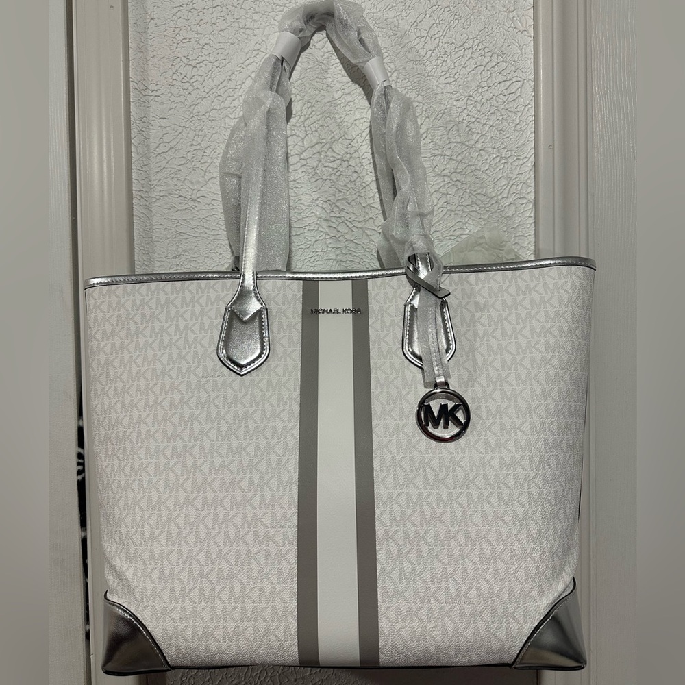 Michael Kors “Eva” Large Logo Stripe Tote in “Optic White”